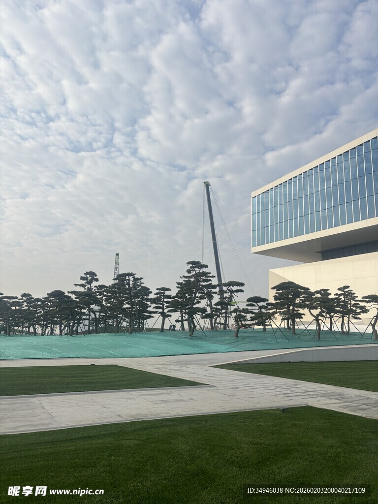 现代建筑旁的开阔绿地景观