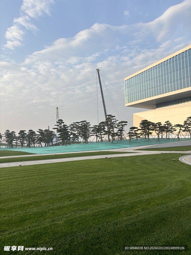 城市绿地旁的现代建筑景观