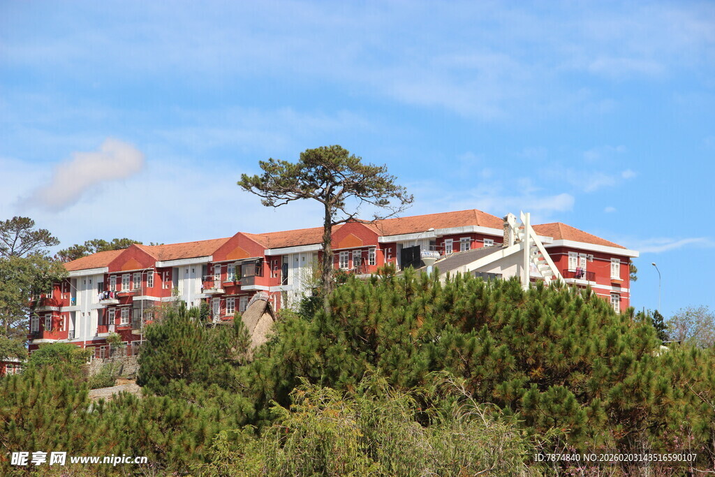 山间红顶建筑隐于绿树间