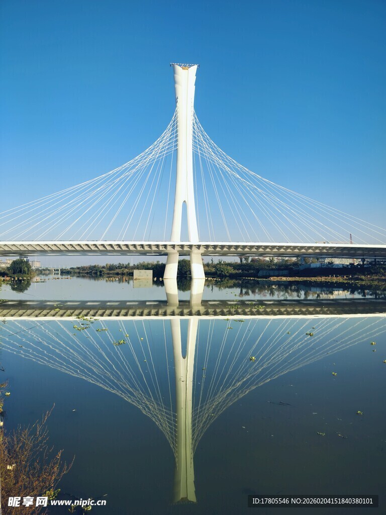 现代桥梁横跨平静水面