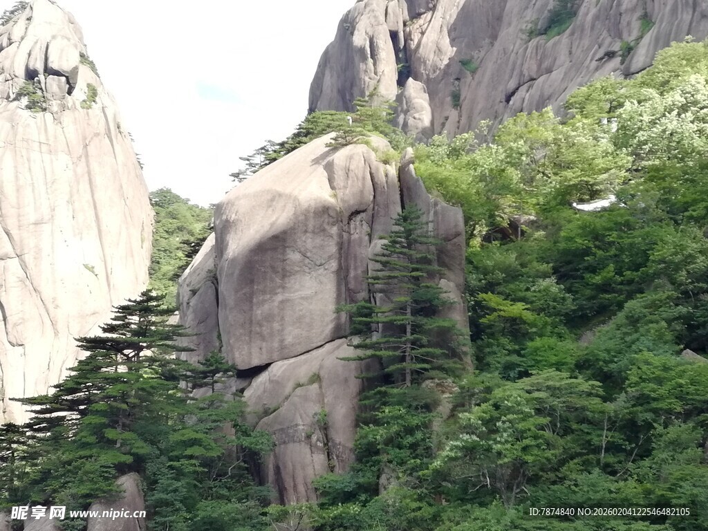 奇峰屹立于葱郁山林间