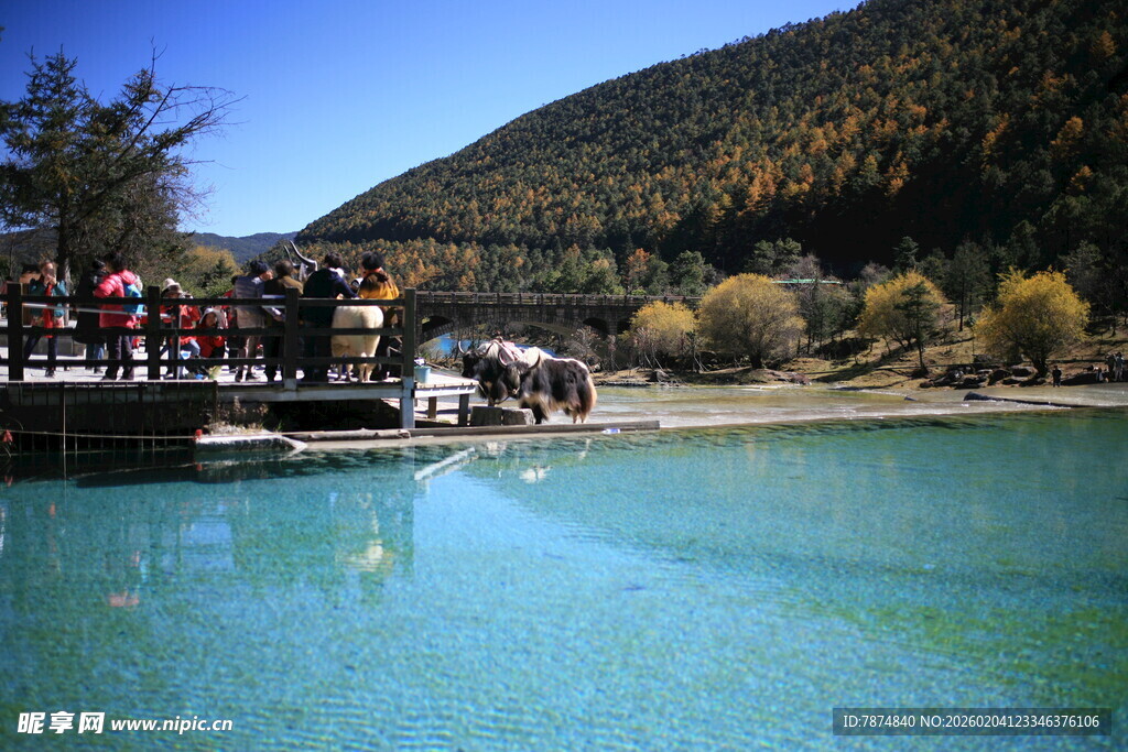 湖畔码头人群与山水美景