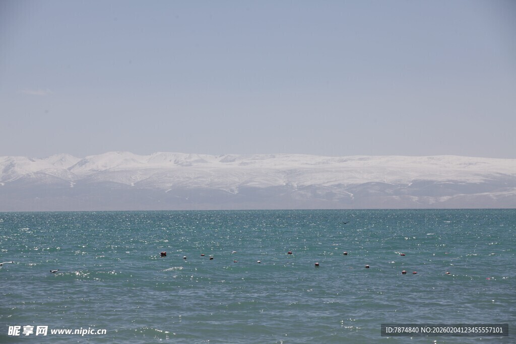 广阔海面与远处雪覆山峦