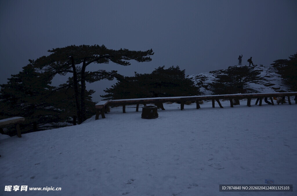 雪夜中的古桥与苍松