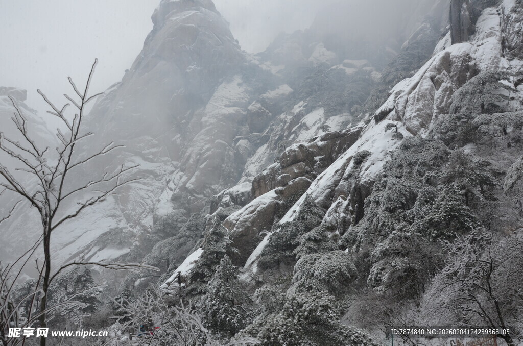 雪覆山峦 枯树点缀美景