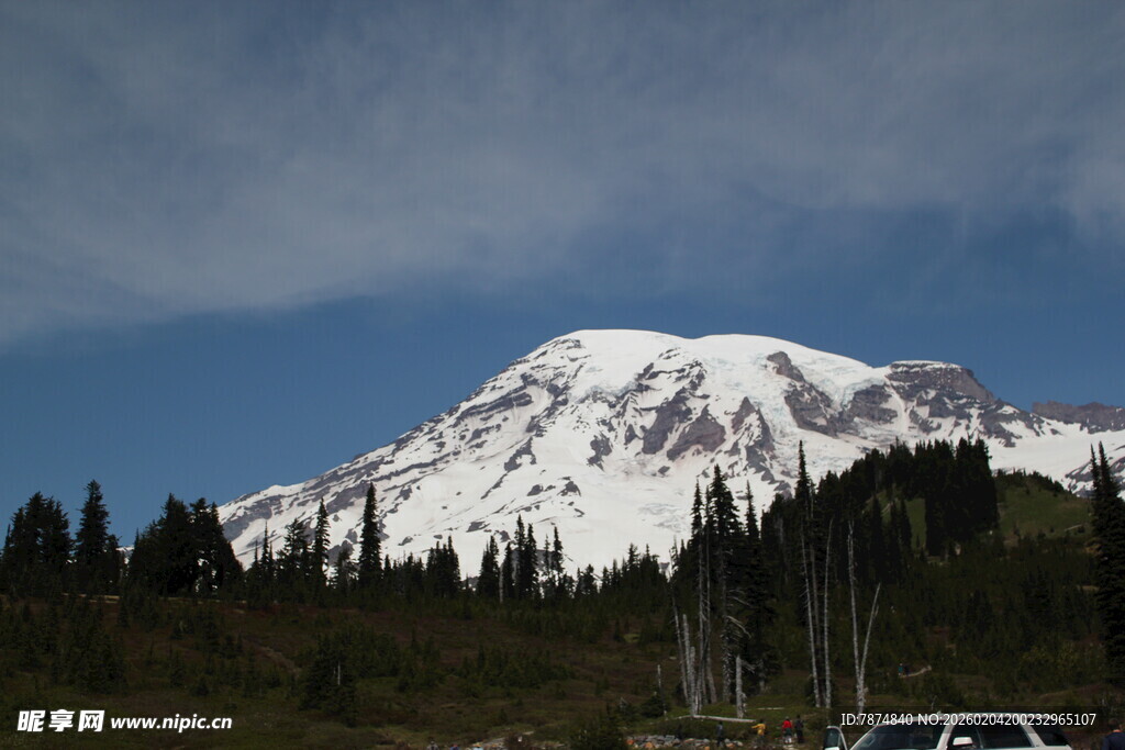 雪山下的森林与车辆景观
