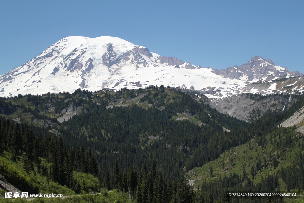 壮丽雪山下的葱郁山林