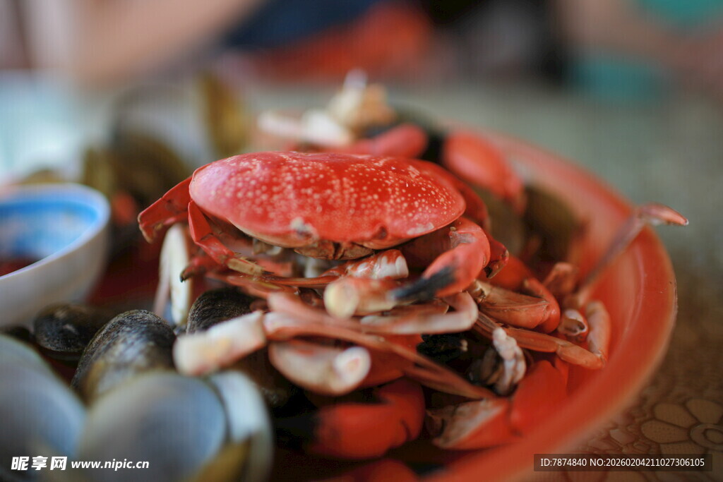 红盘中的新鲜螃蟹及海鲜