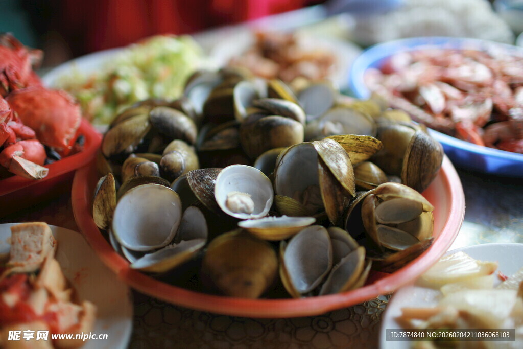 新鲜蛤蜊及多样海鲜拼盘