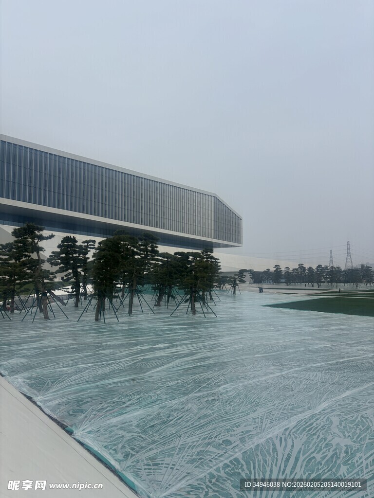 现代建筑旁的绿植广场