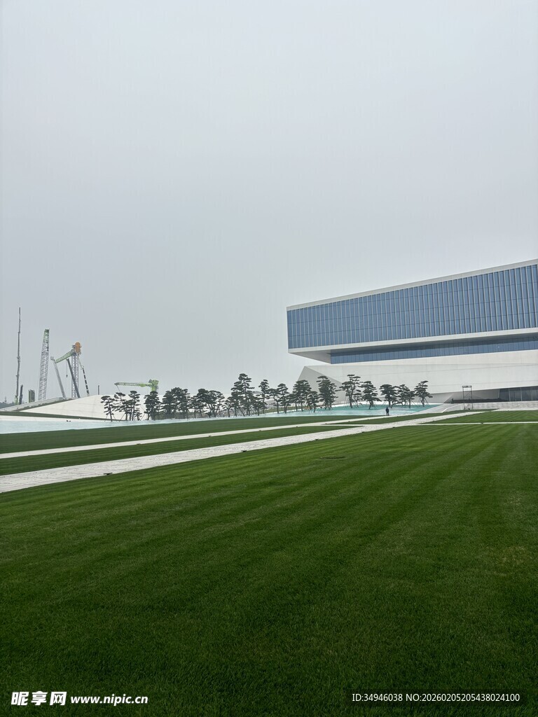 现代建筑旁的整齐绿草地