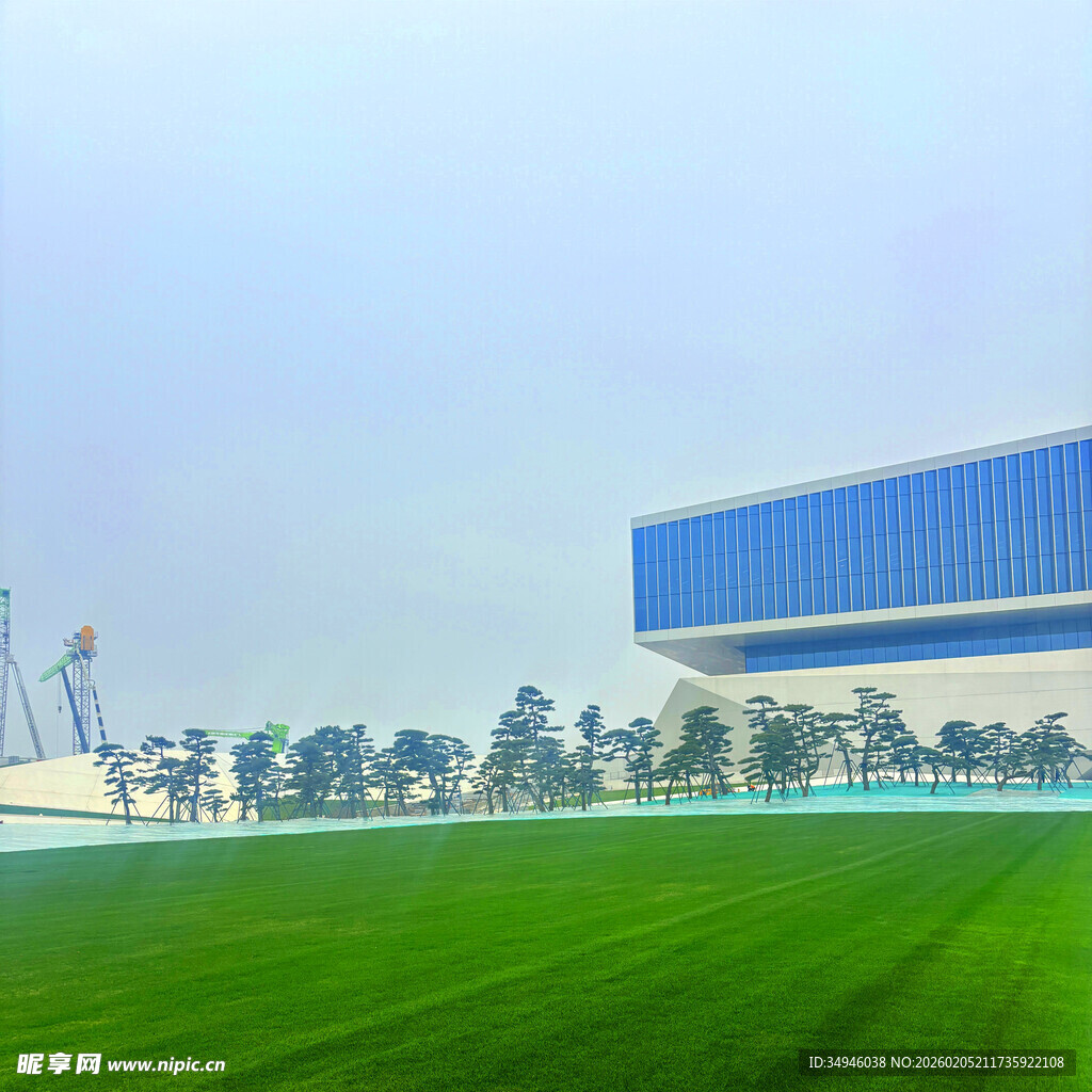 蓝楼前的翠绿开阔草坪