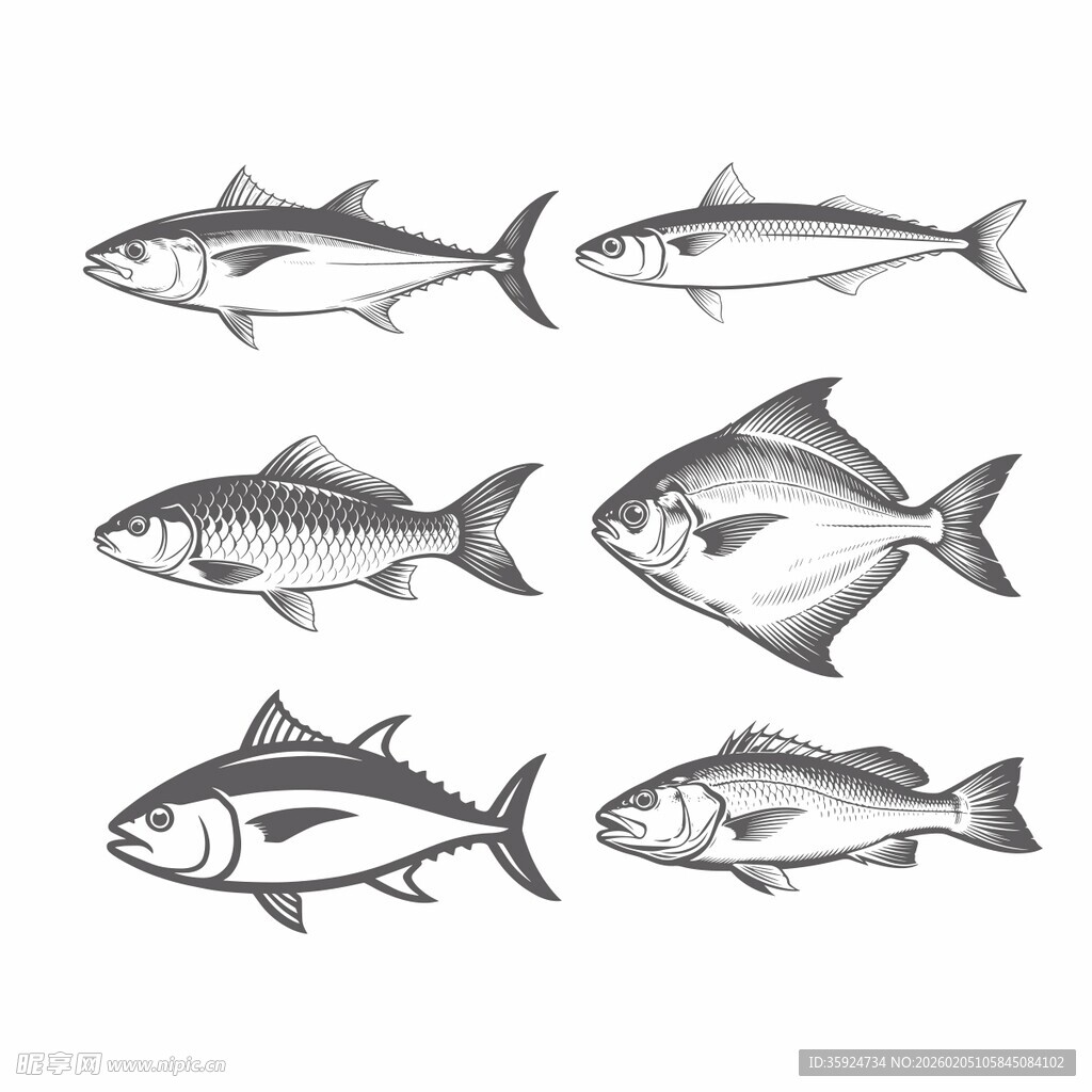 多样鱼类黑白插画
