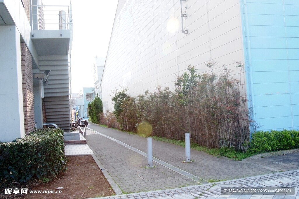 日本现代建筑旁的整洁小路