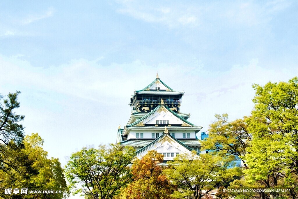 日本大阪城公园中的巍峨城堡