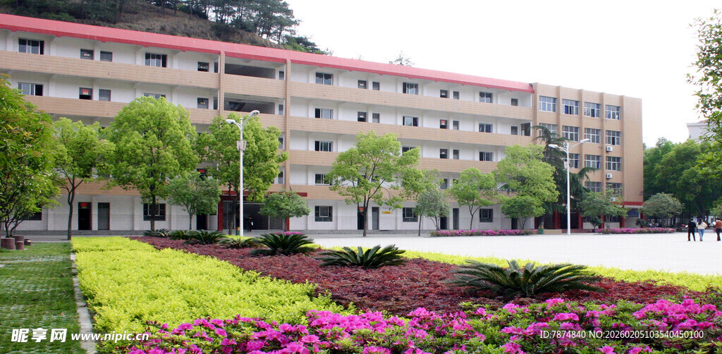 校园美丽建筑与缤纷花卉