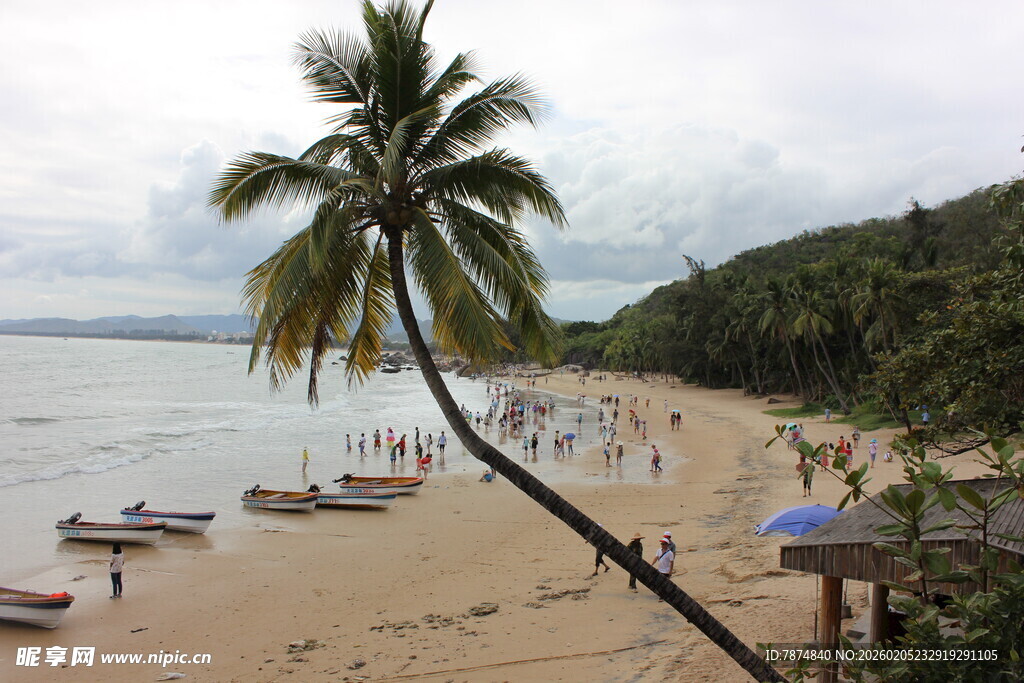 三亚热带海滩风光 椰树小船