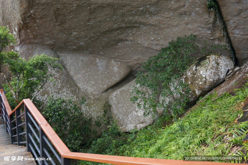 三亚山间石阶旁的绿植与岩石