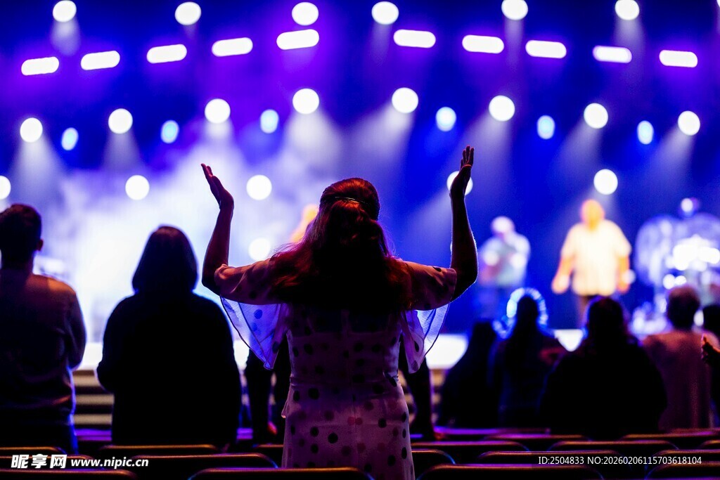 观众在舞台灯光下热情欢呼