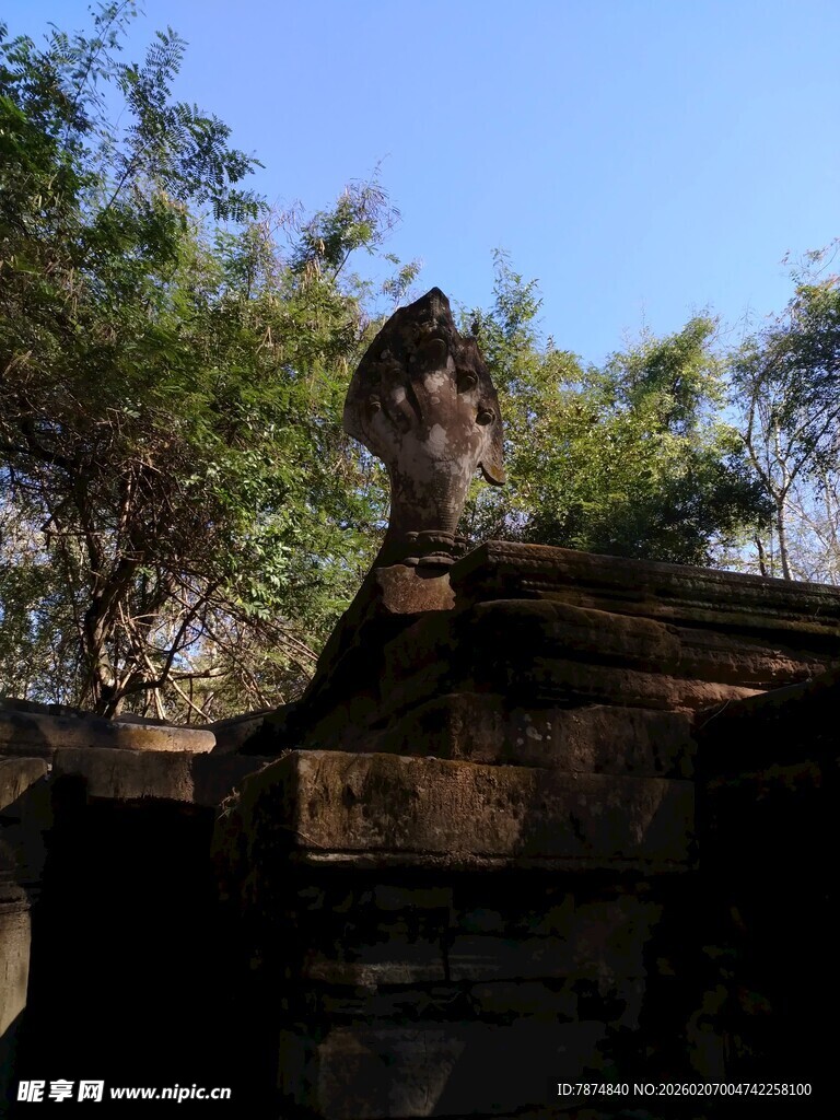 柬埔寨古老石像立于繁茂树木间