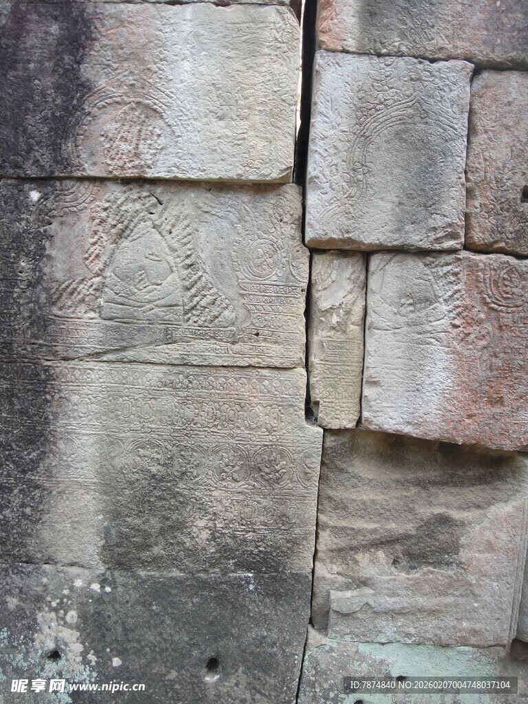 柬埔寨古老石墙纹理特写