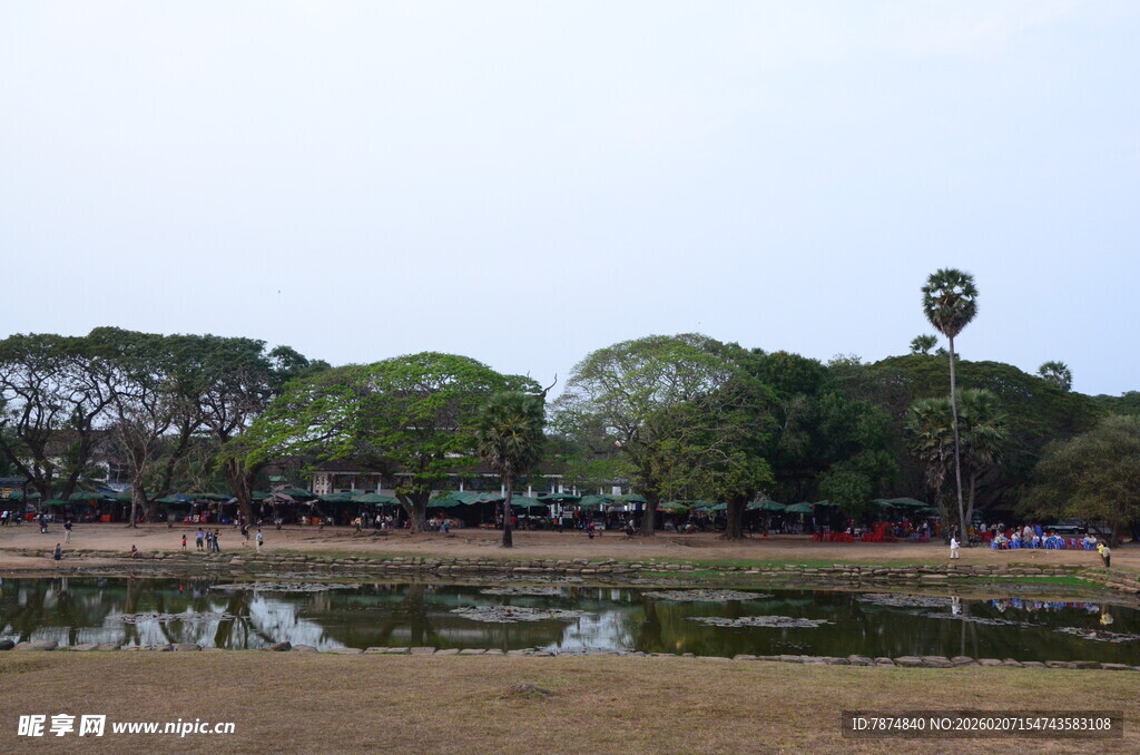 湖畔绿树成荫的休闲场景