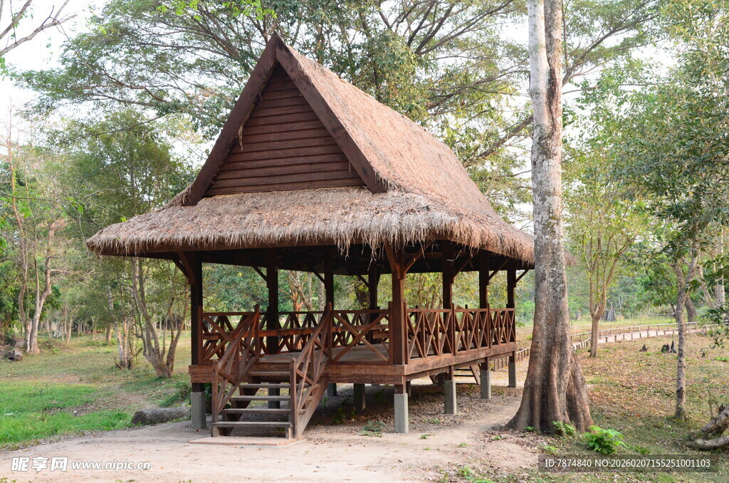 乡村木质凉亭 自然景致
