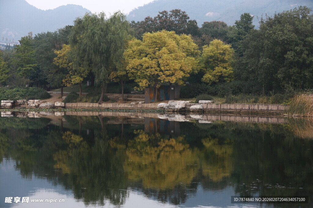 湖畔秋景 林木倒映于碧水