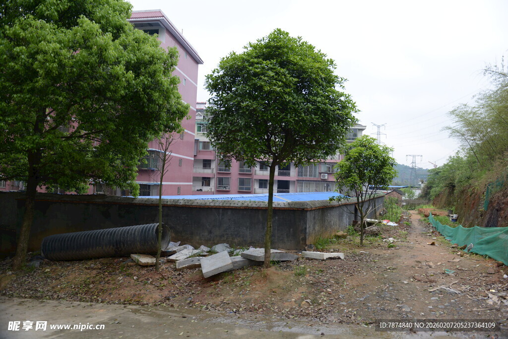户外施工场景中的建筑与树木
