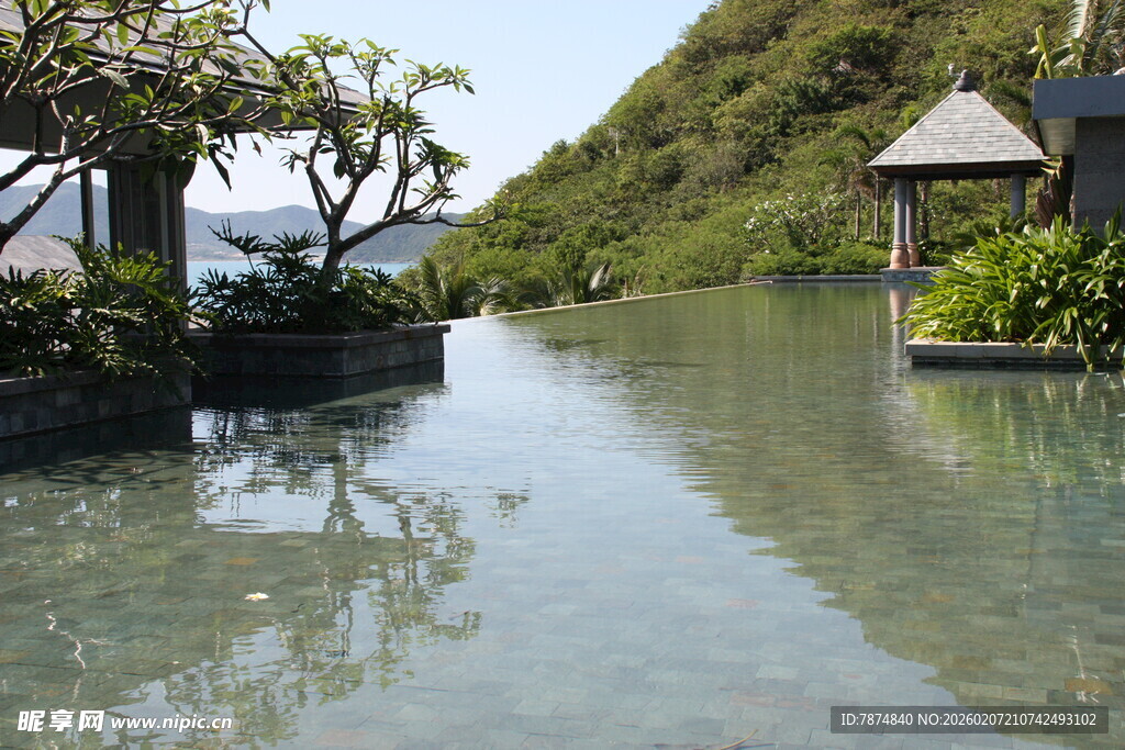 水上静谧小屋与葱郁绿植