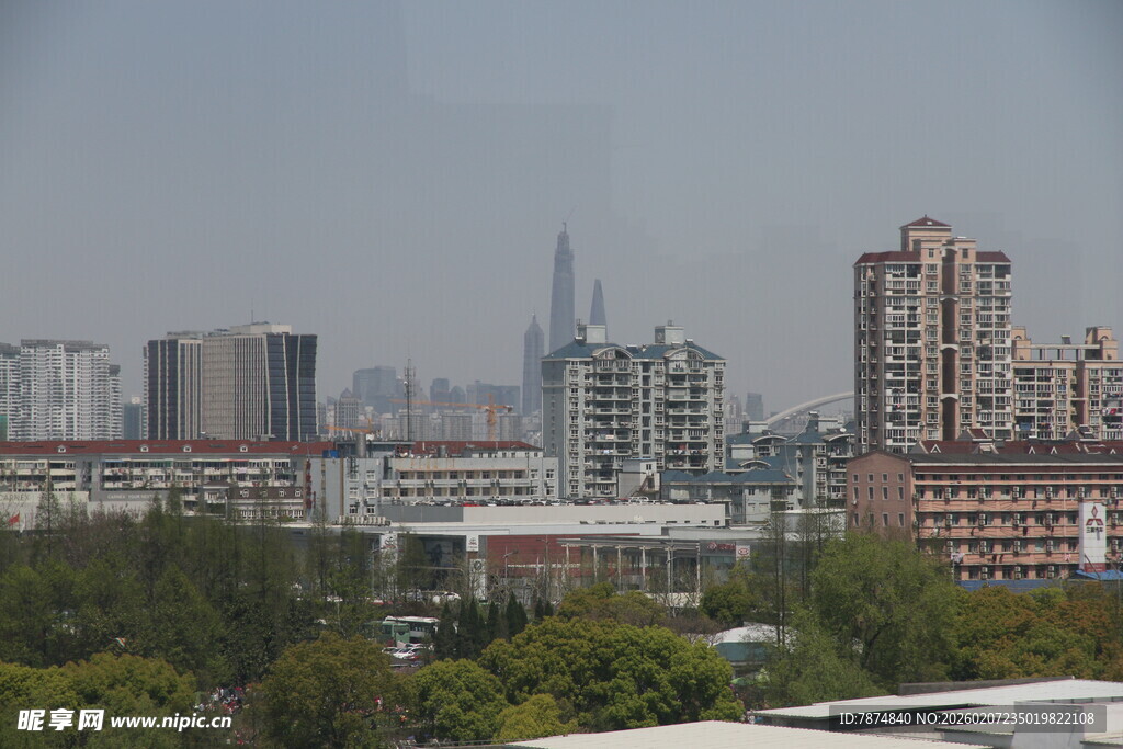 城市远景中的建筑与绿树