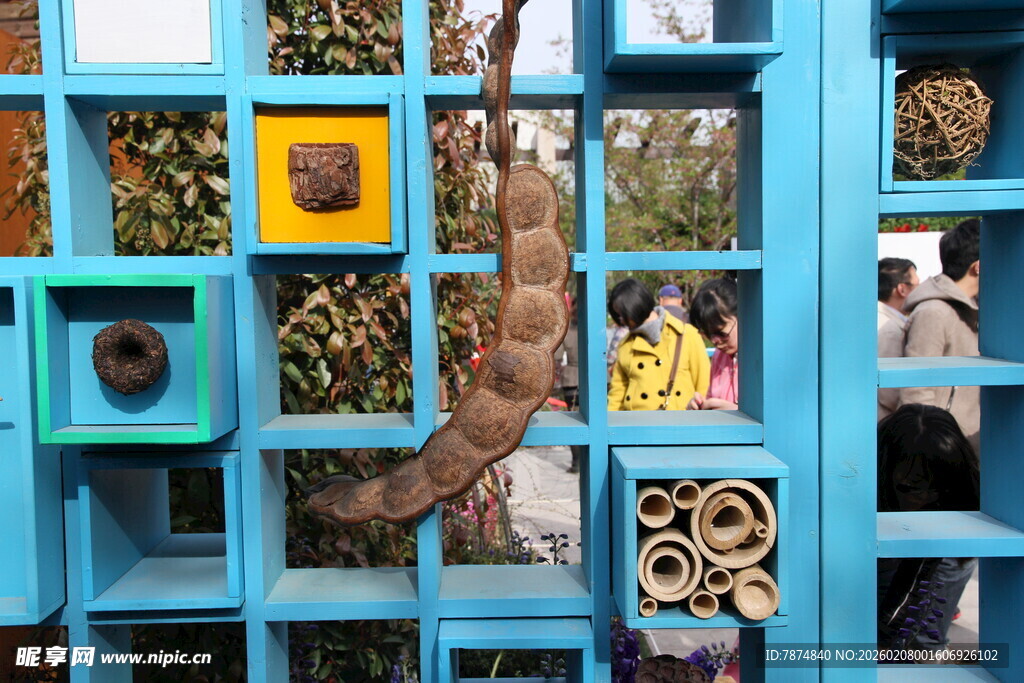 蓝色镂空窗中的多彩景象