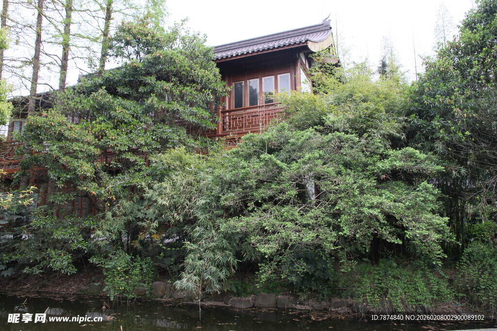 湖畔绿荫中的中式雅致建筑