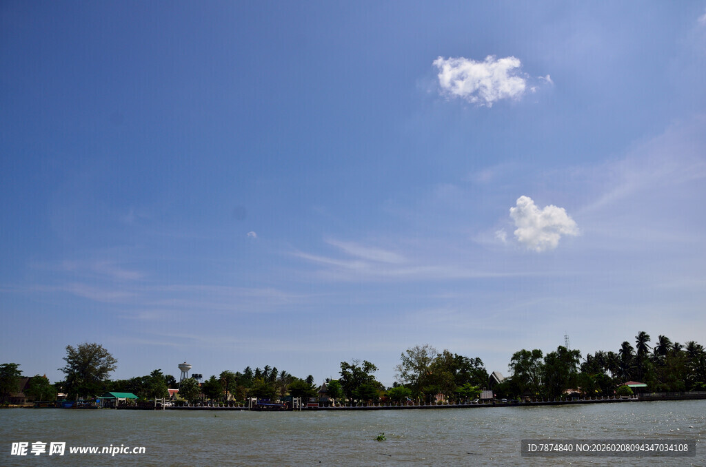 马来西亚蓝天碧水旁的葱郁树林