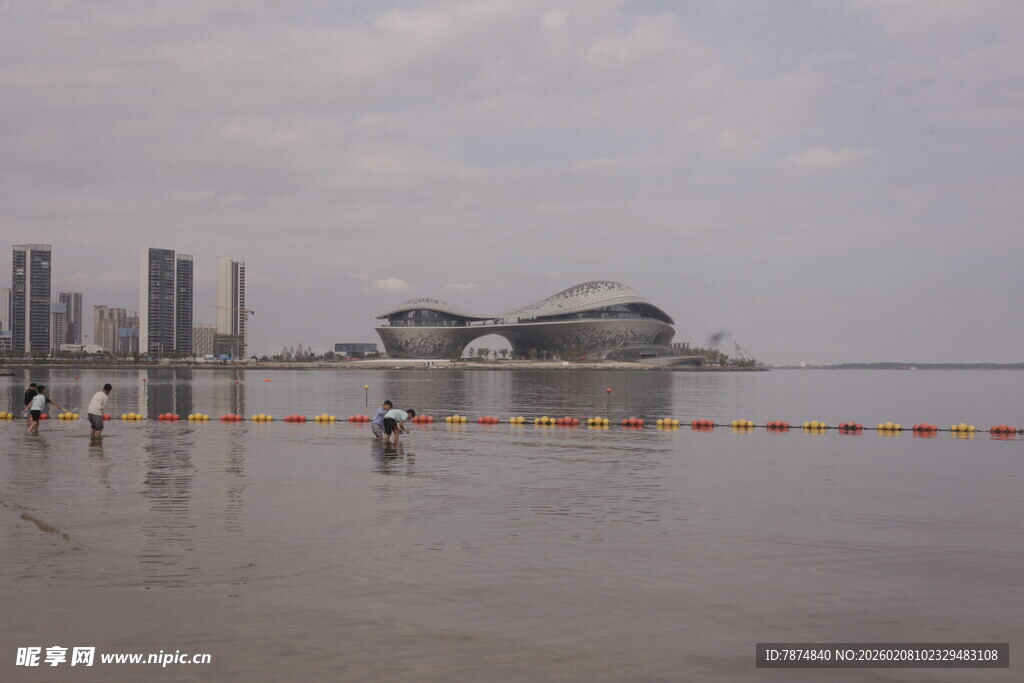 湛江海滨城市景观 水中漫步场景