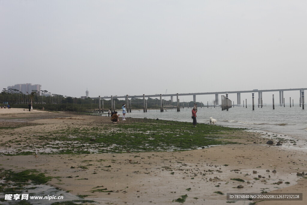 湛江海边长桥与漫步人群