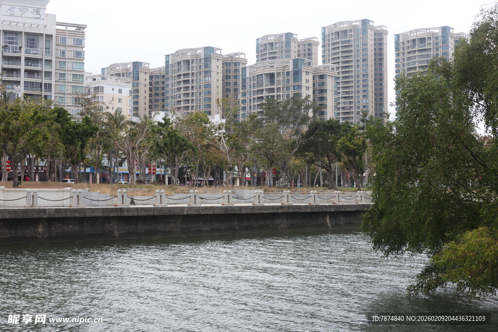 河畔高楼与绿树景观