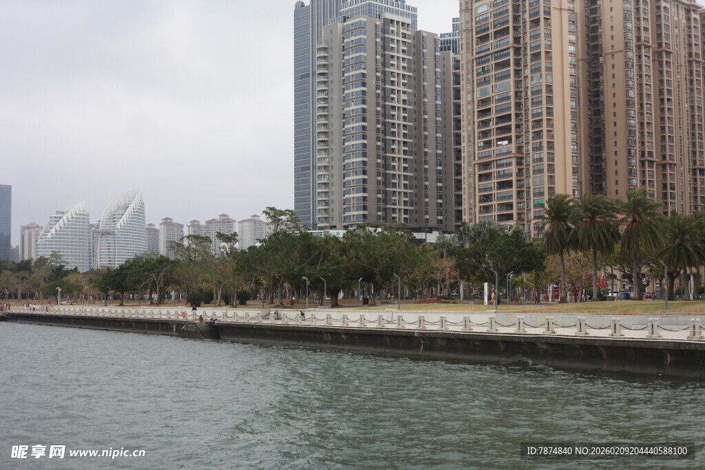 河畔高楼林立的城市景观