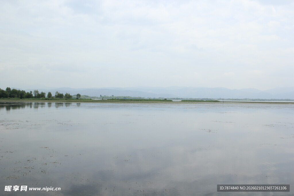 平静湖面与远处树木景观
