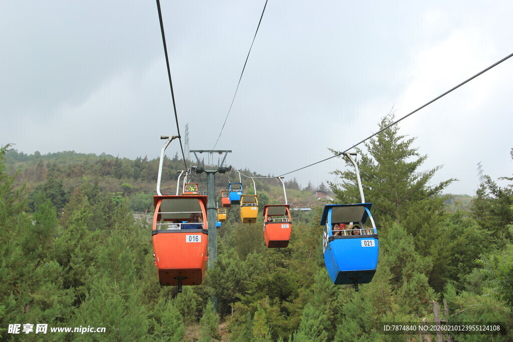 山间缆车穿梭于葱郁树林