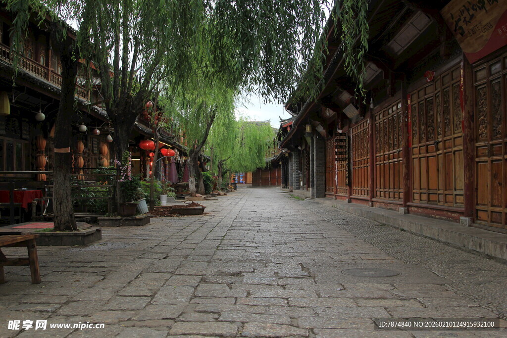 古街柳荫下的静谧景致