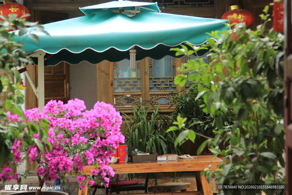 庭院中的花卉与休闲桌椅