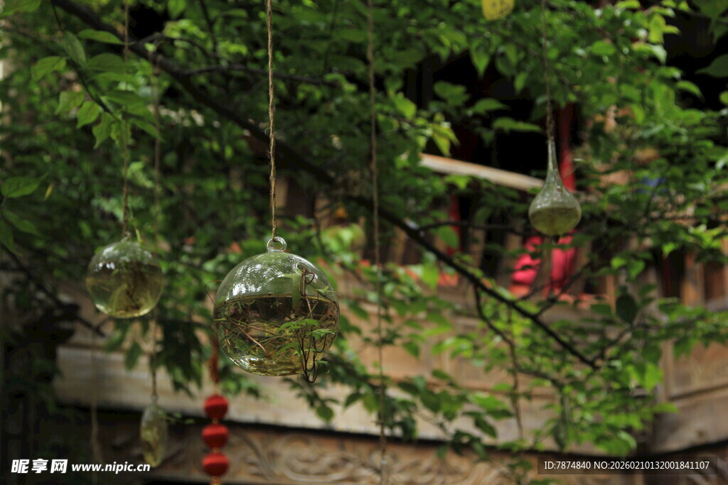 中式庭院绿植红灯笼景致
