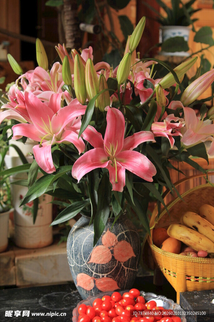 花瓶中盛放的粉色百合花