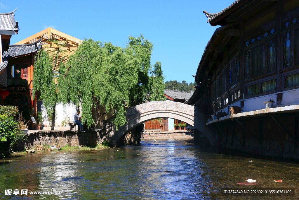 江南水乡古桥垂柳景致