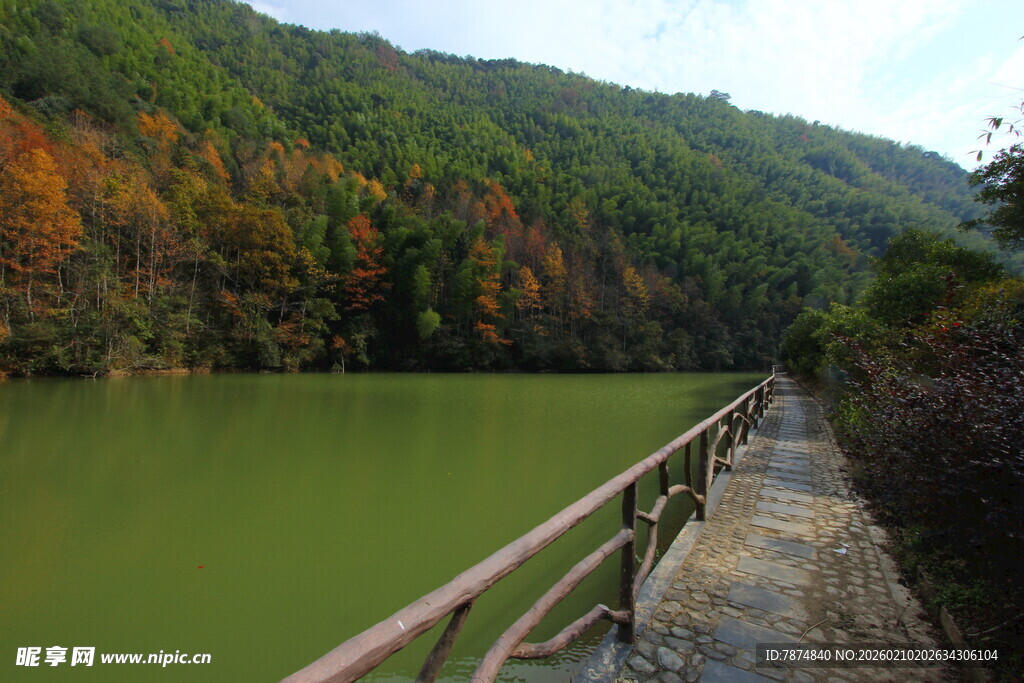 婺源湖畔秋色栈道景
