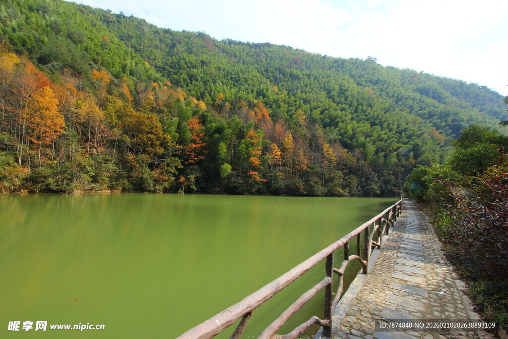 婺源秋日湖畔木栈道美景