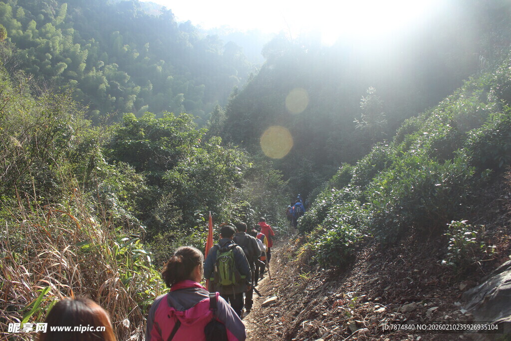 婺源山间徒步队伍穿行于小径