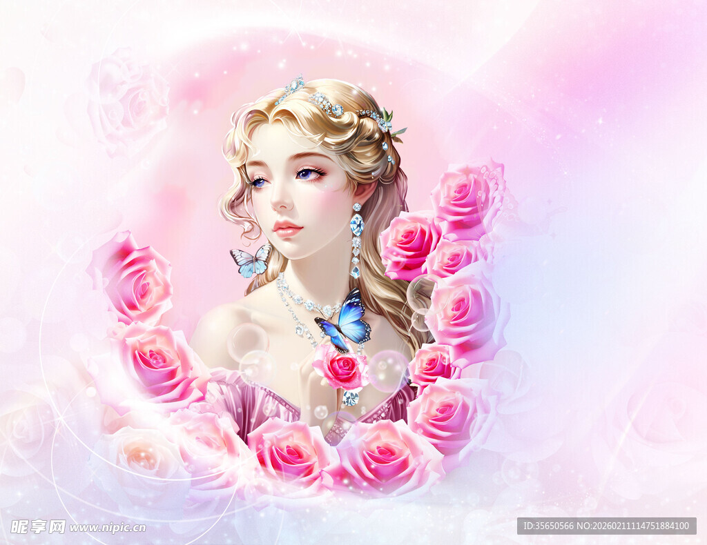 梦幻玫瑰环绕的美丽女子