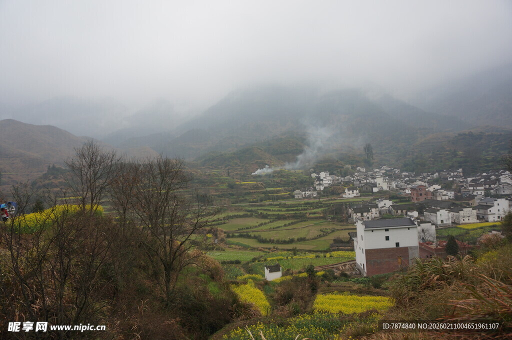 婺源雾中乡村田园美景